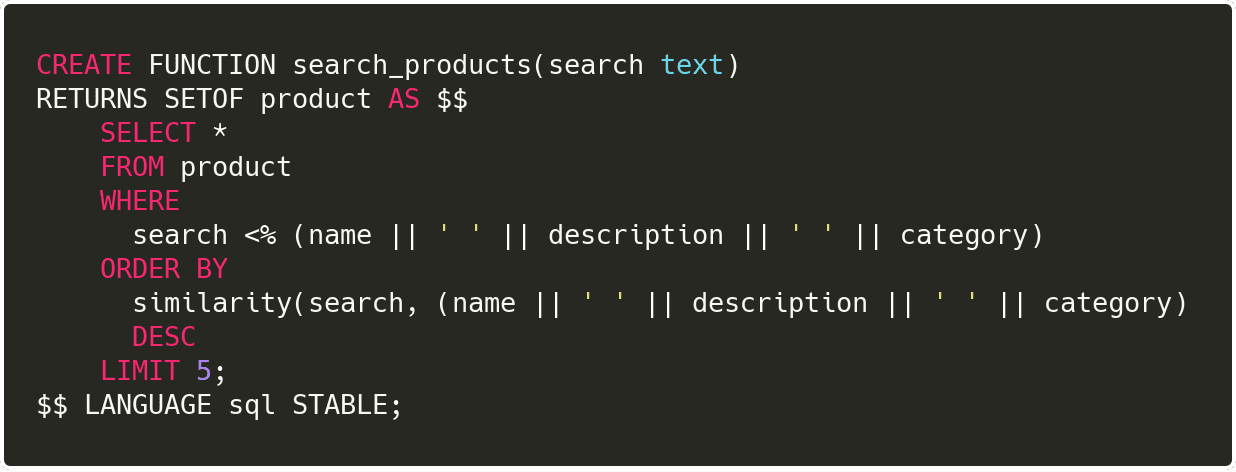 Postgres function to search products