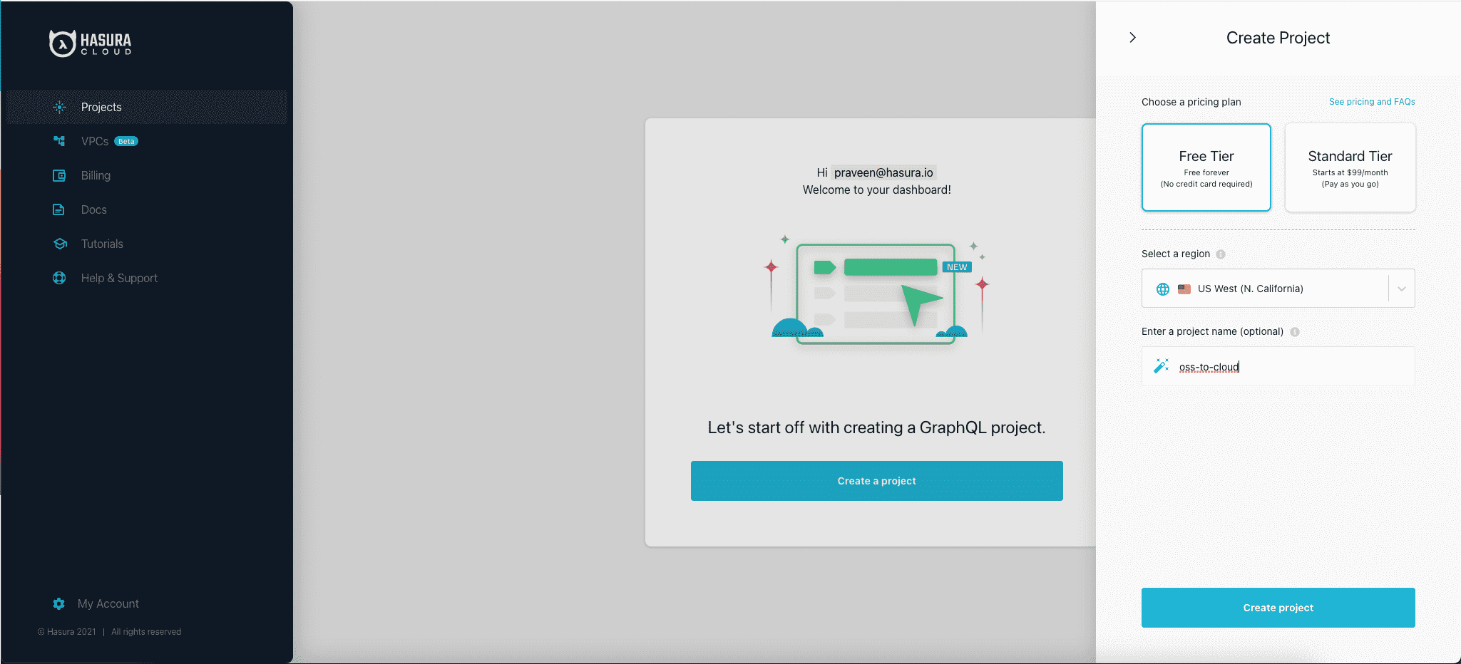 Create new Hasura Cloud Project