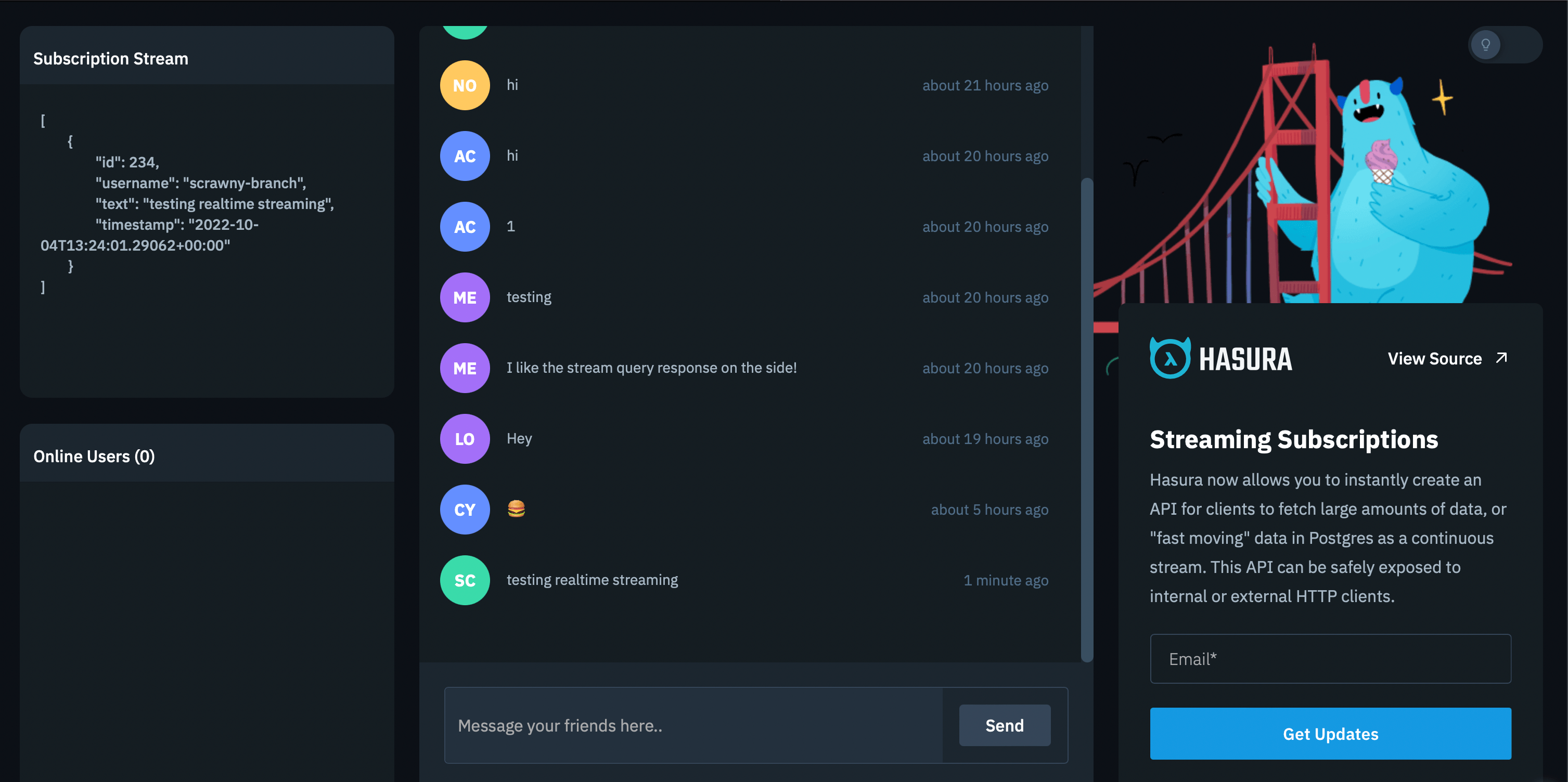 Realtime Chat App with Streaming Subscriptions Live Demo