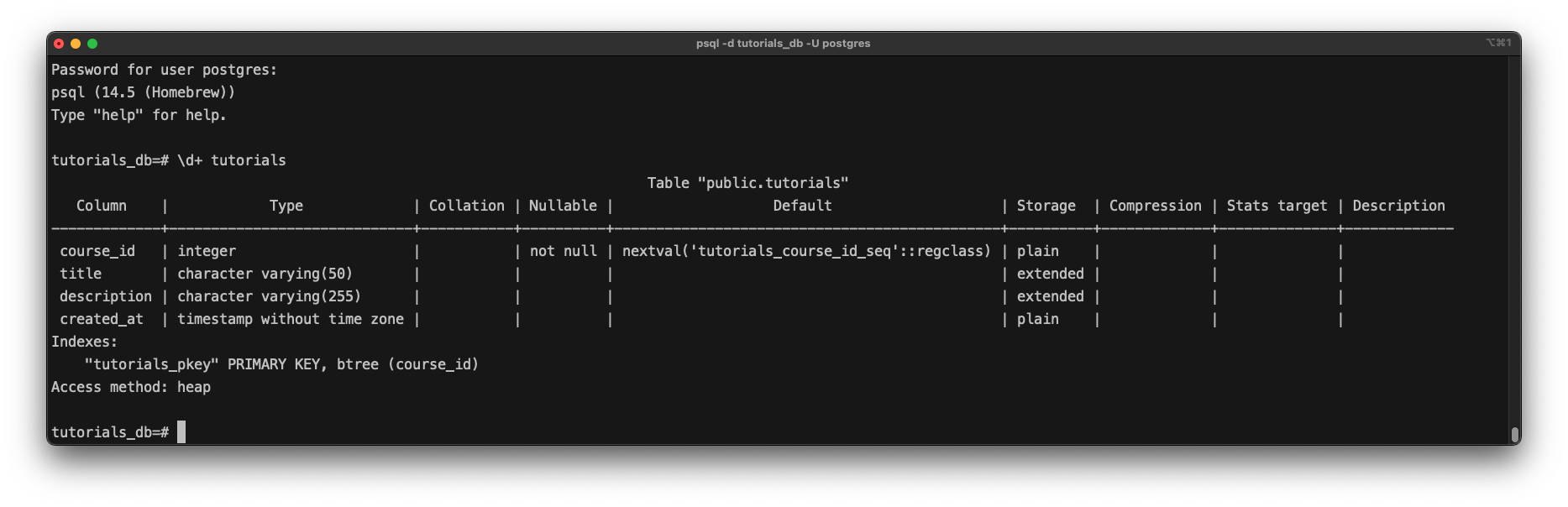 Get extra information about a table with the psql command \d+