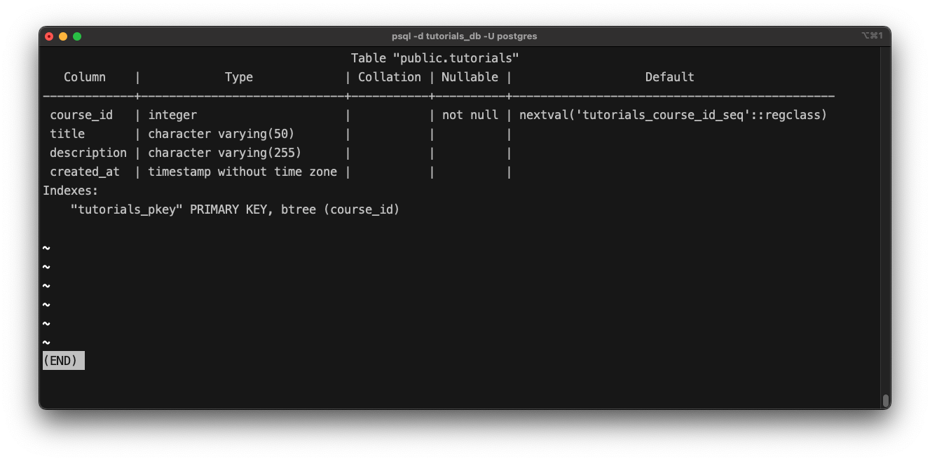 Describe a table with the psql command \d