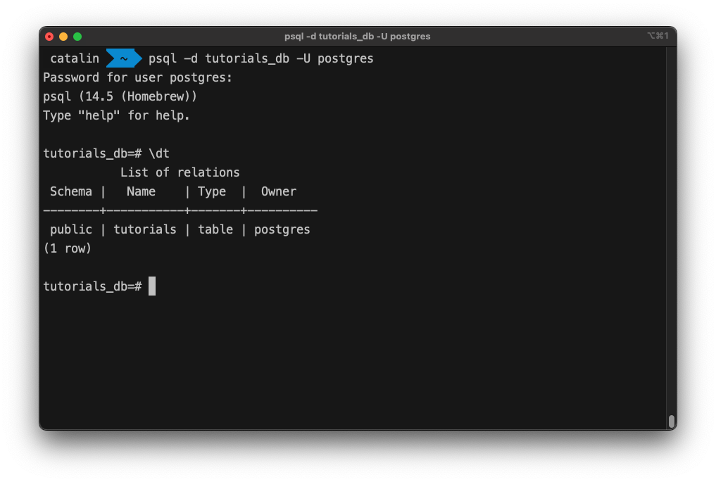 List all tables from a database with the psql command \dt