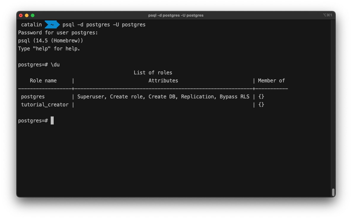 List all users and their roles with the psql command \du