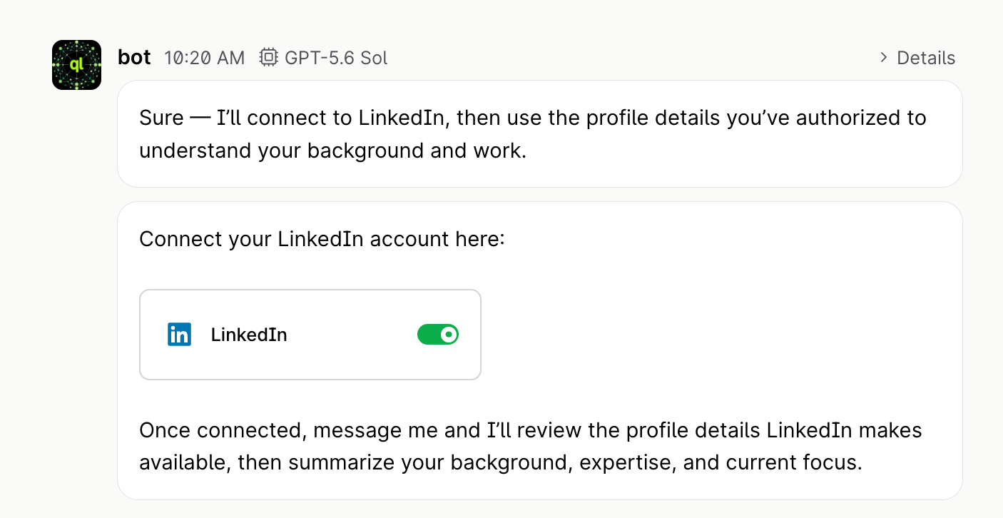 PromptQL bot displaying the LinkedIn connection option before a profile is connected.