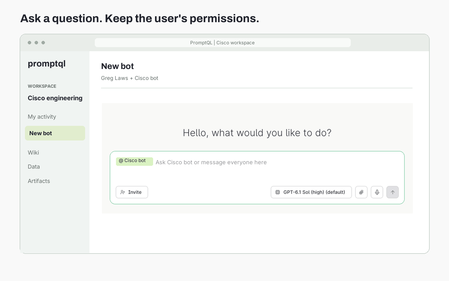 PromptQL's Cisco bot answers Greg Laws's engineering program-risk question using his data-access permissions.