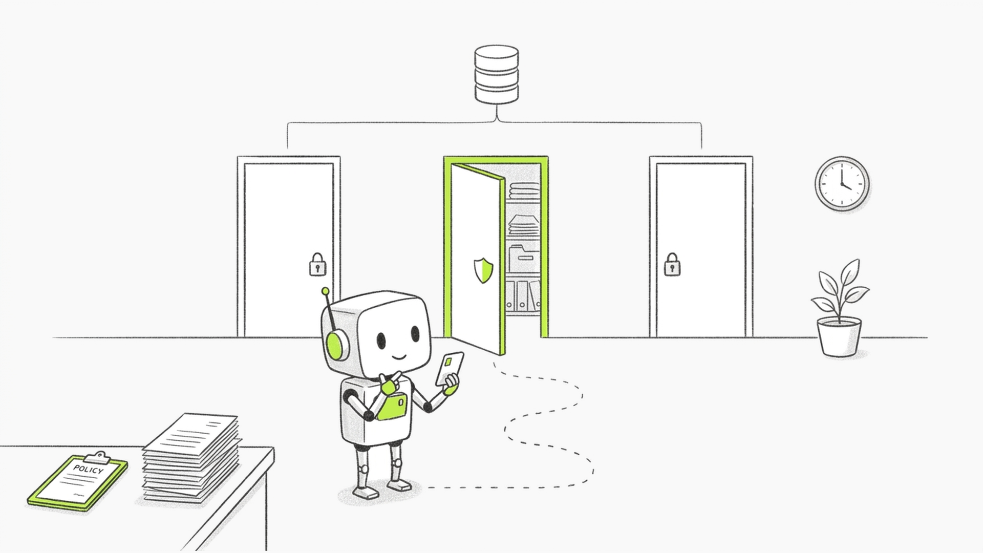 Robot choosing an open, shield-marked data-access door while two other doors remain locked.