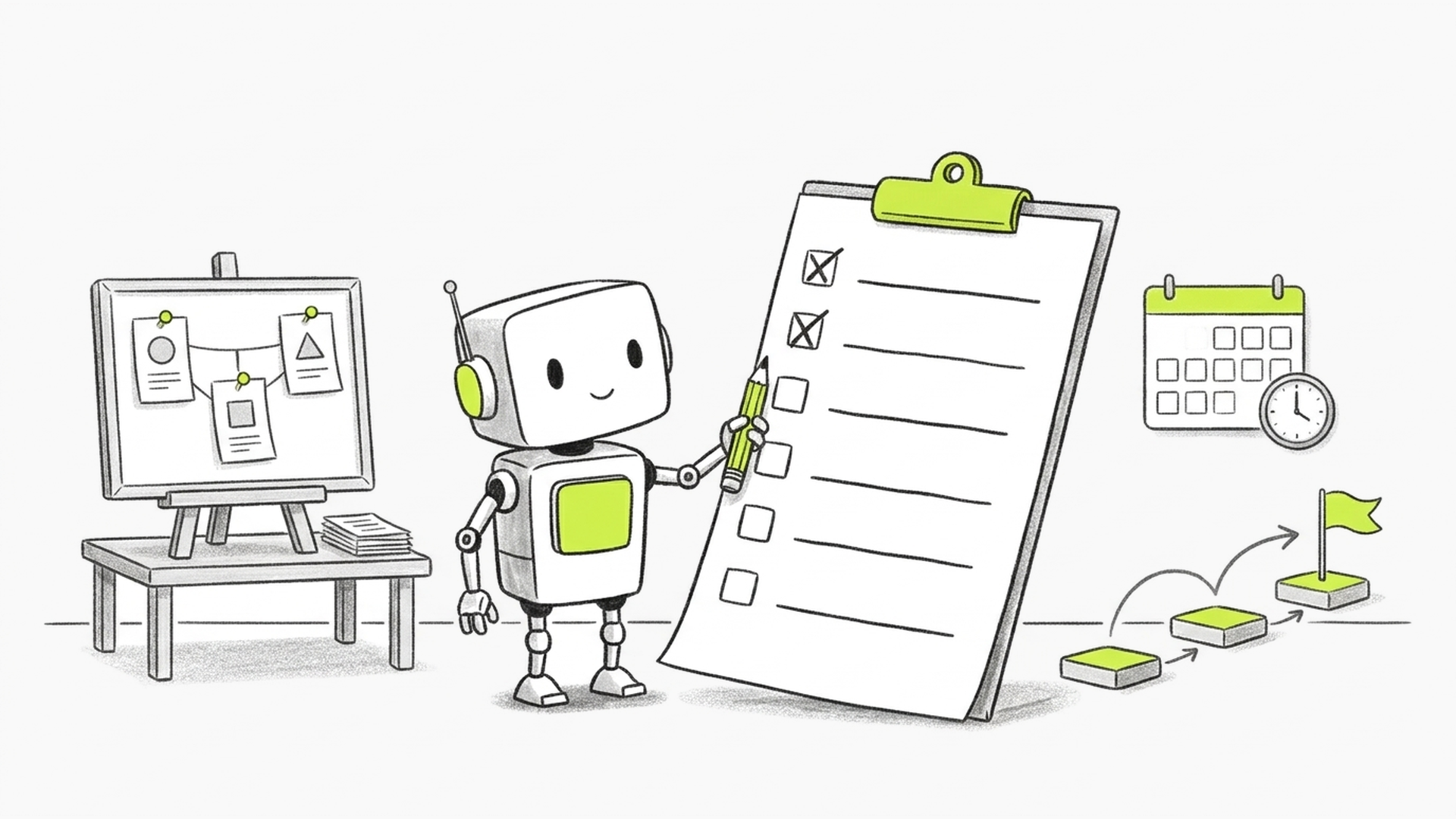 Robot plans next steps using a checklist, workflow board, calendar, and milestones.