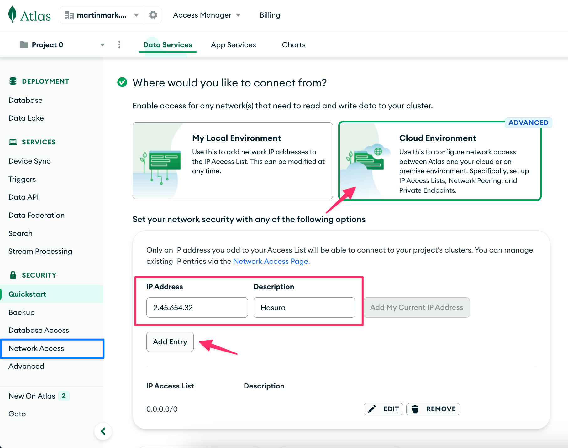 Add a new network in MongoDB Atlas