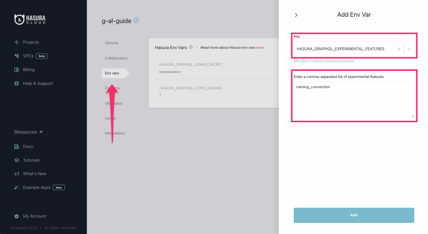 Adding an environment variable to Hasura