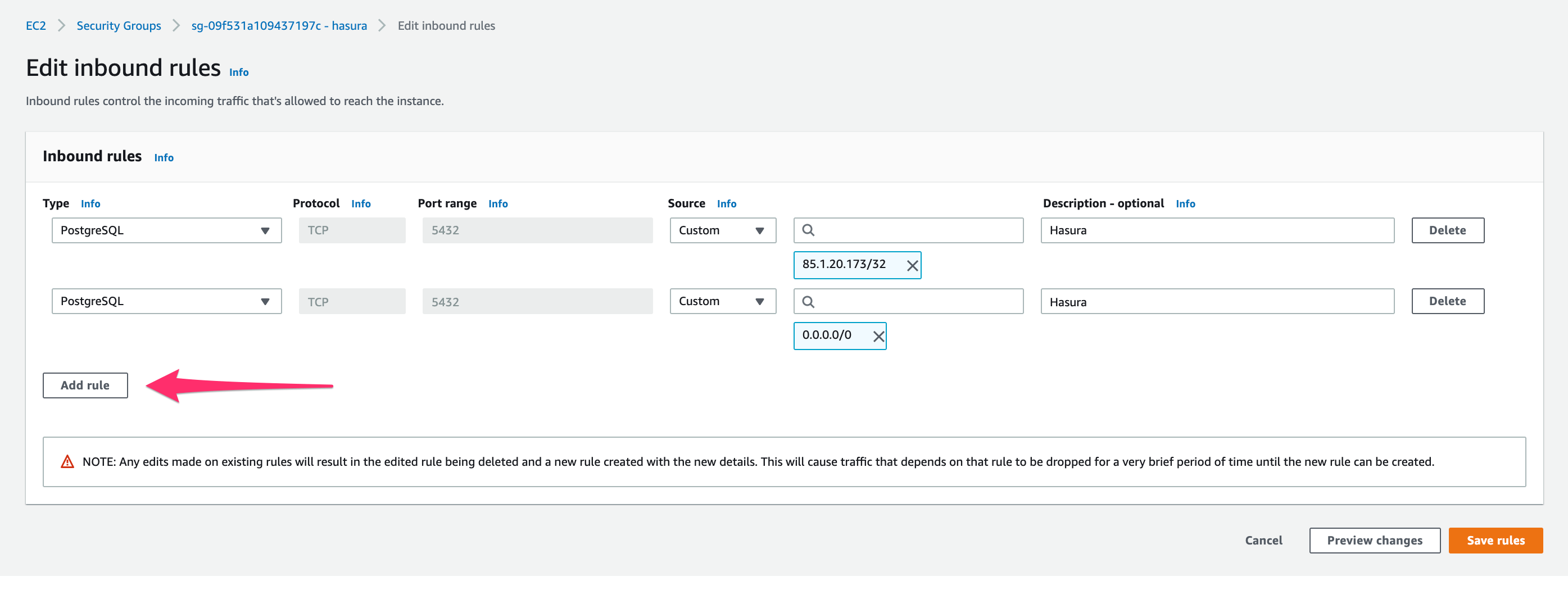 Add an inbound rule for AWS RDS database