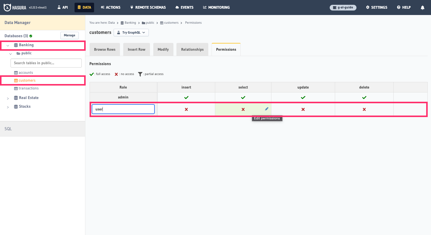 Adding a user role to the banking source