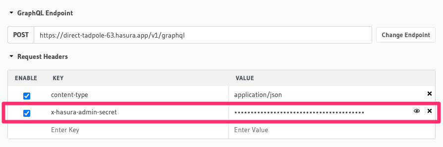 API Explorer Header Admin Secret