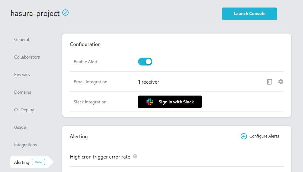 Hasura Cloud alerting configuration