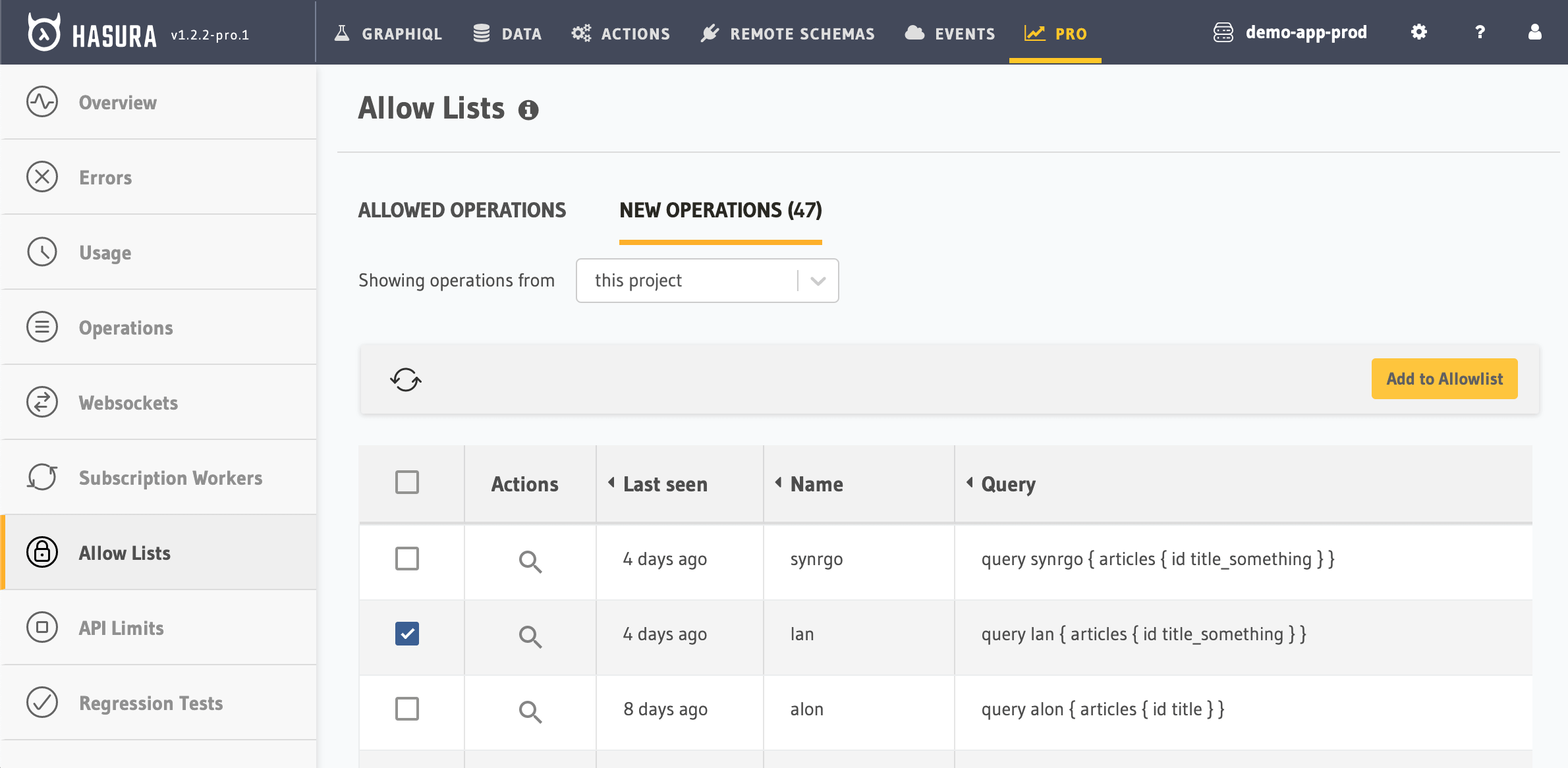 Hasura Cloud Console create new allowed operation