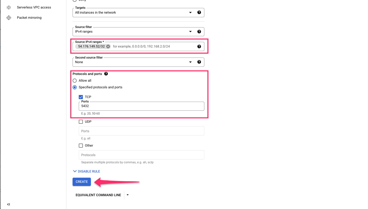 AlloyDB firewall rule settings