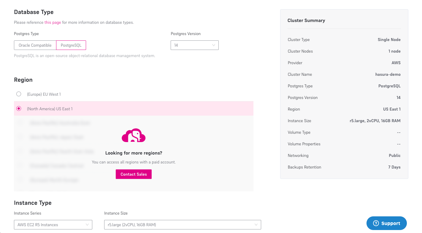 Choose cluster type and region