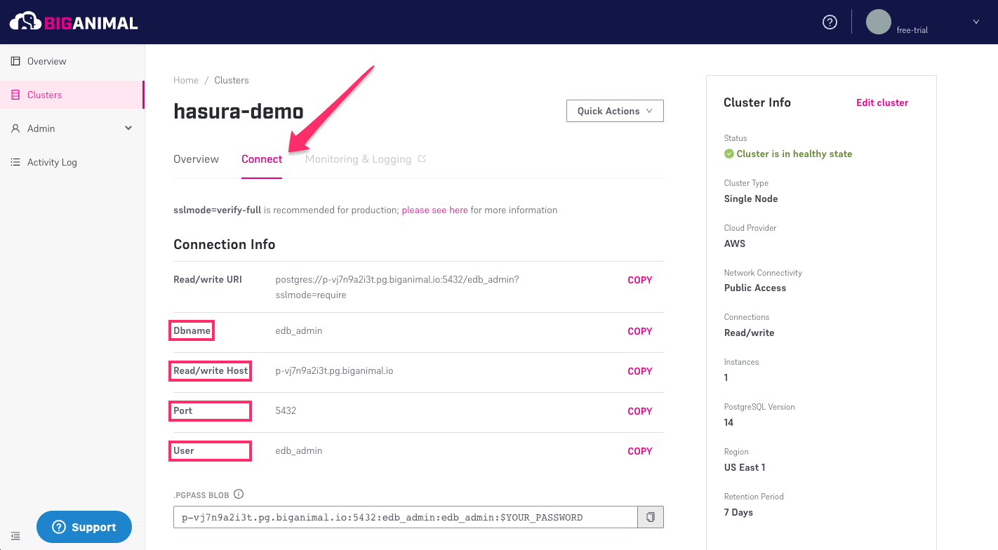 Cluster connection parameters