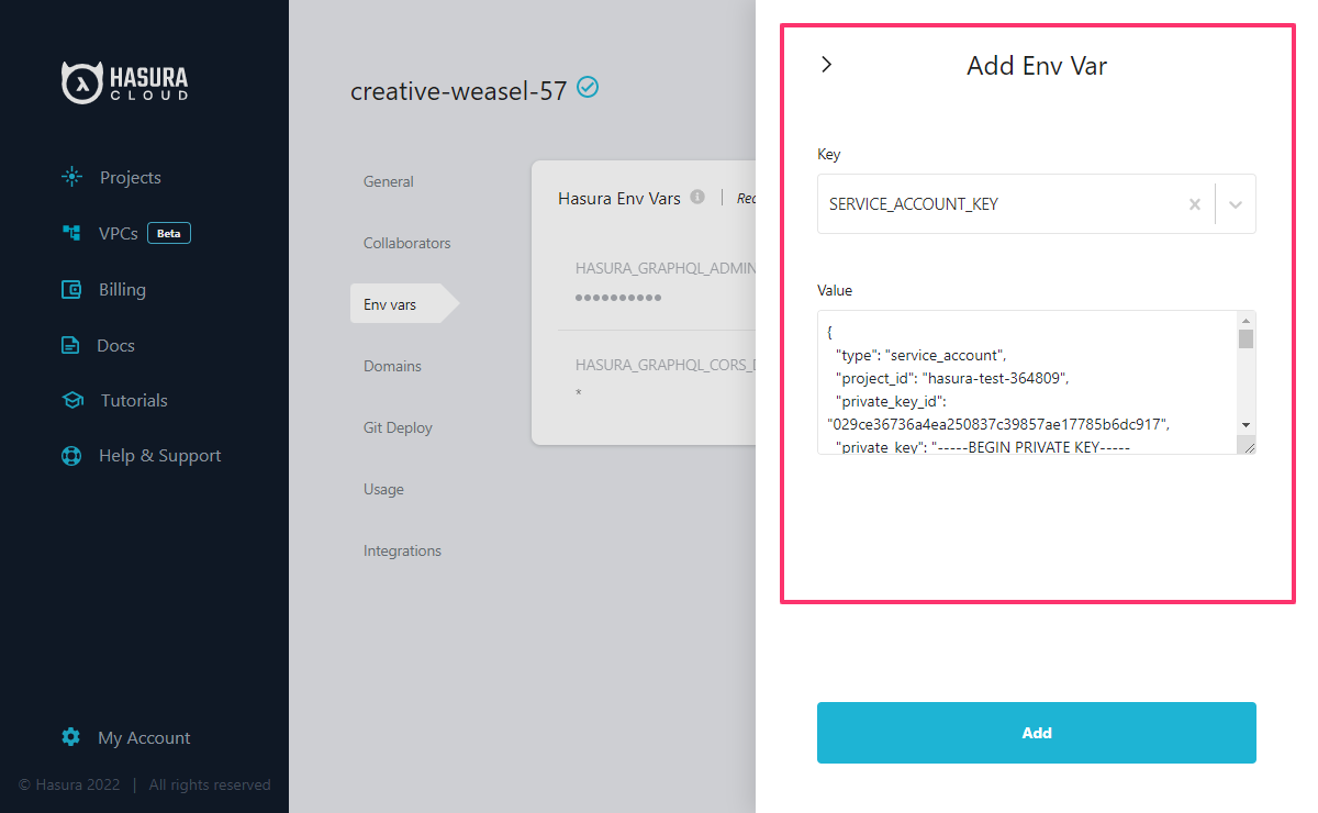 Connect existing BigQuery database in Hasura Cloud