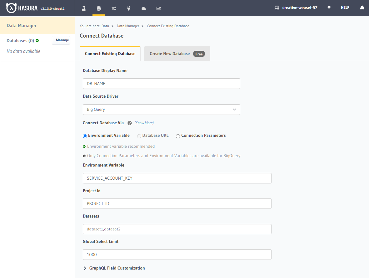 Connect existing BigQuery database in Hasura Cloud