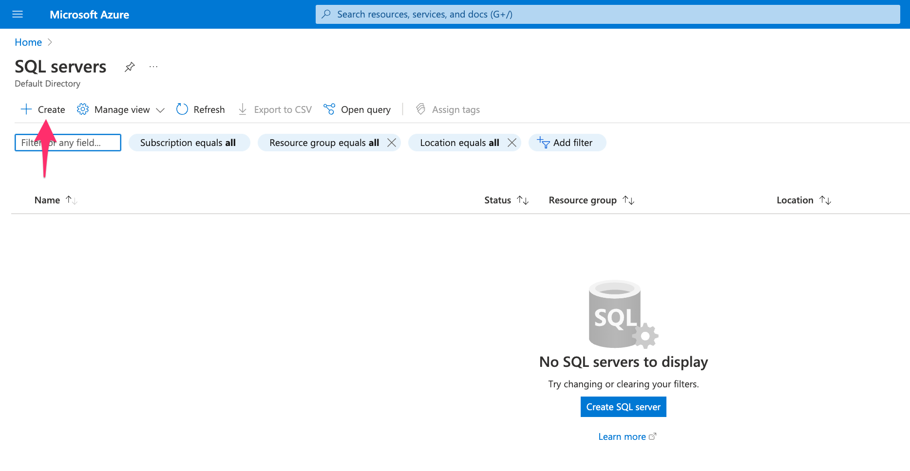 Create database in Azure