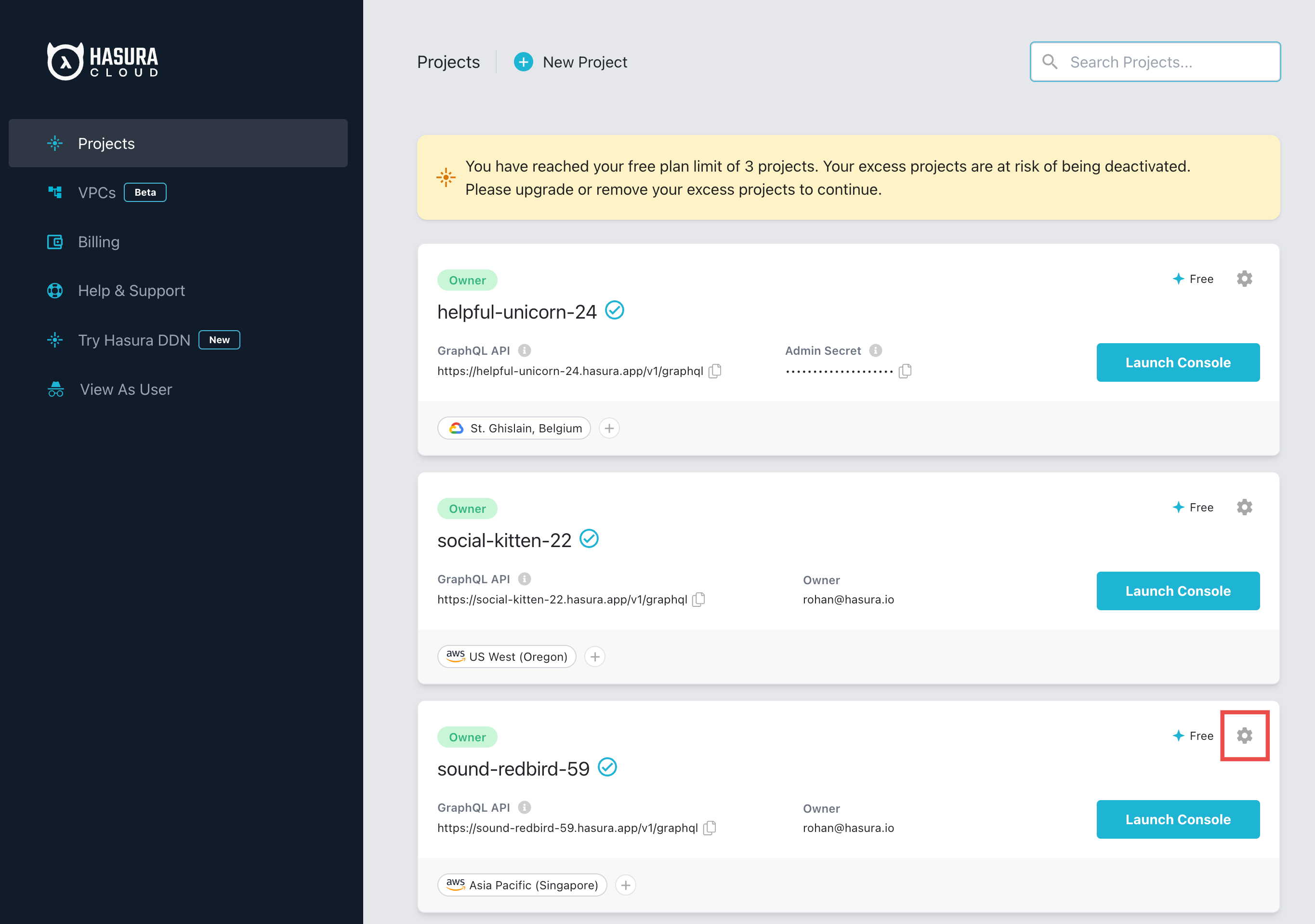 Cloud dashboard projects list