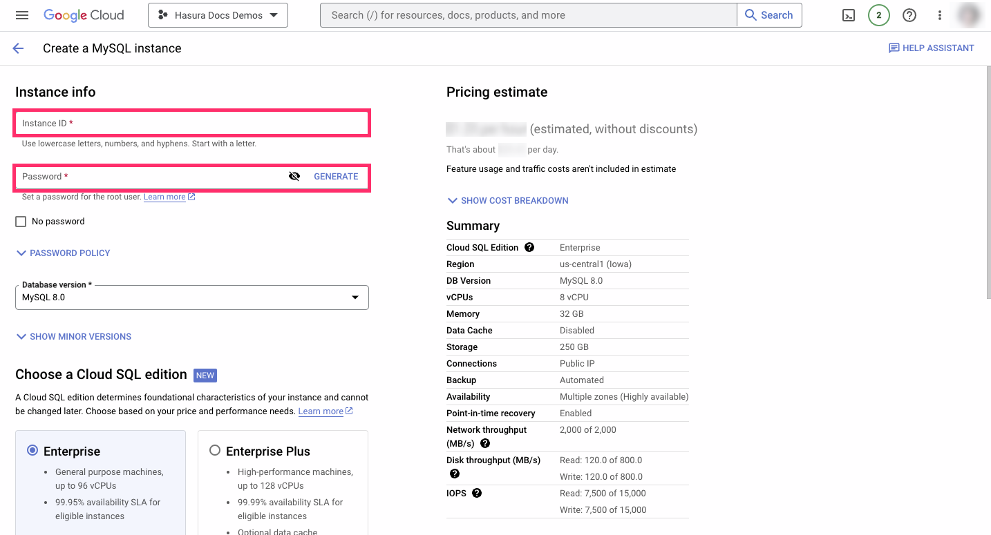 Configure database instance in GCP