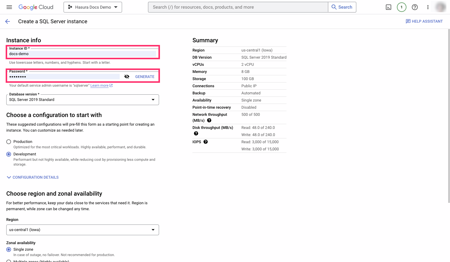 Configure database instance in GCP