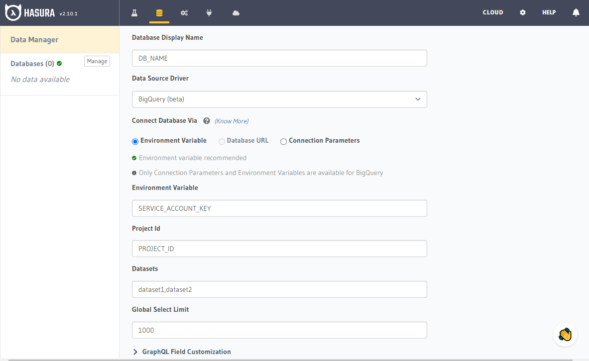 Connect existing BigQuery database in Console