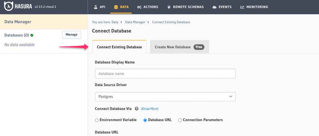 database setup with new database