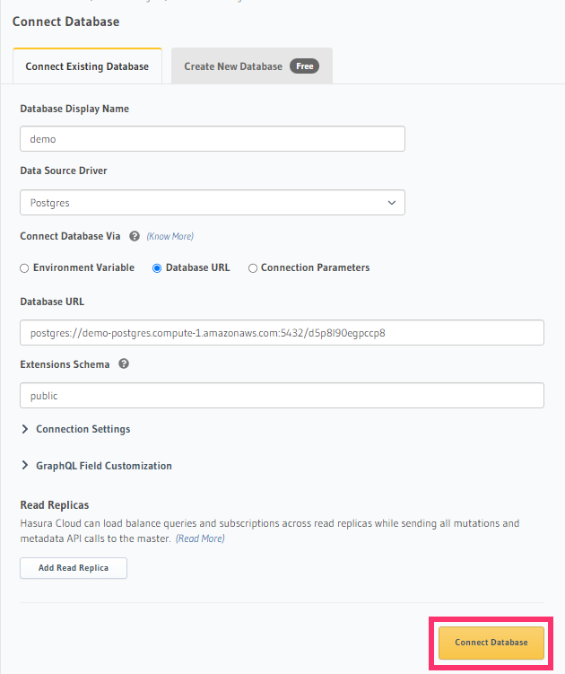 Enter URL for existing database