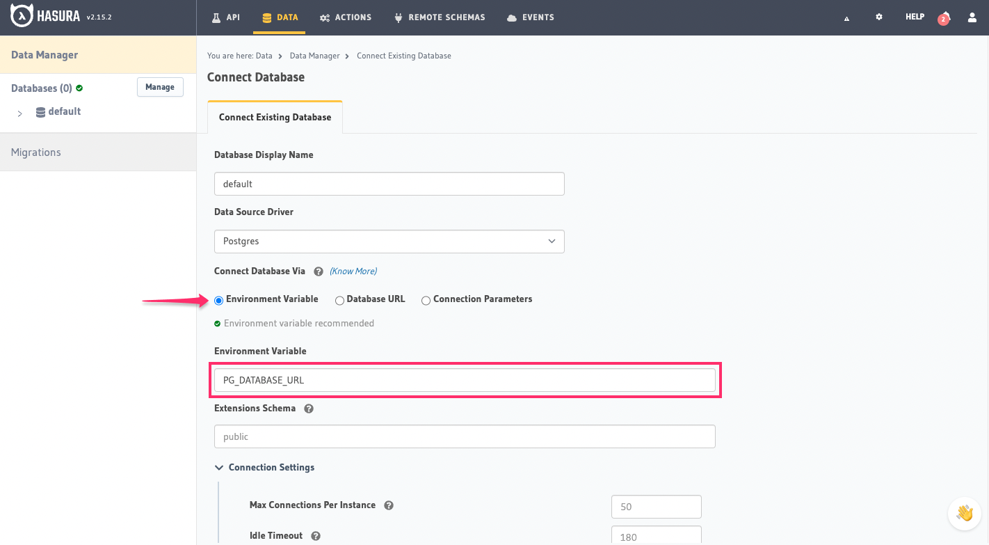 Enter URL for existing database