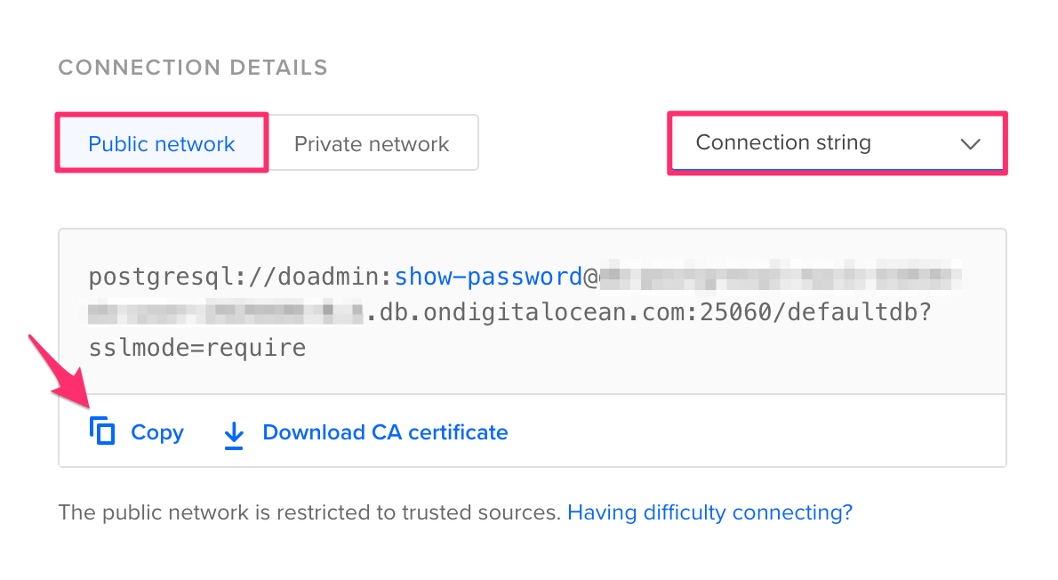 Get the database connection string in DigitalOcean