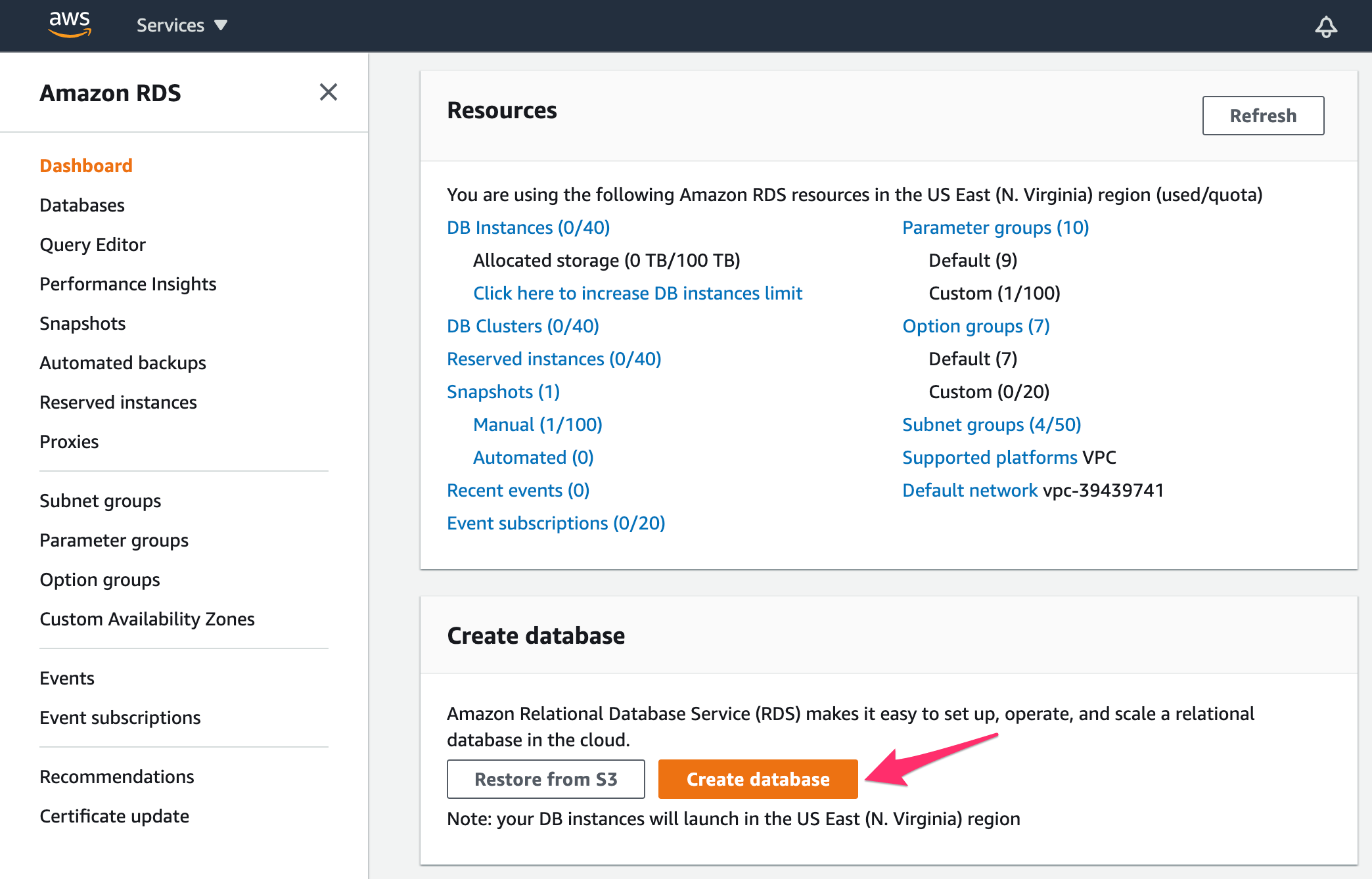 Create database in AWS