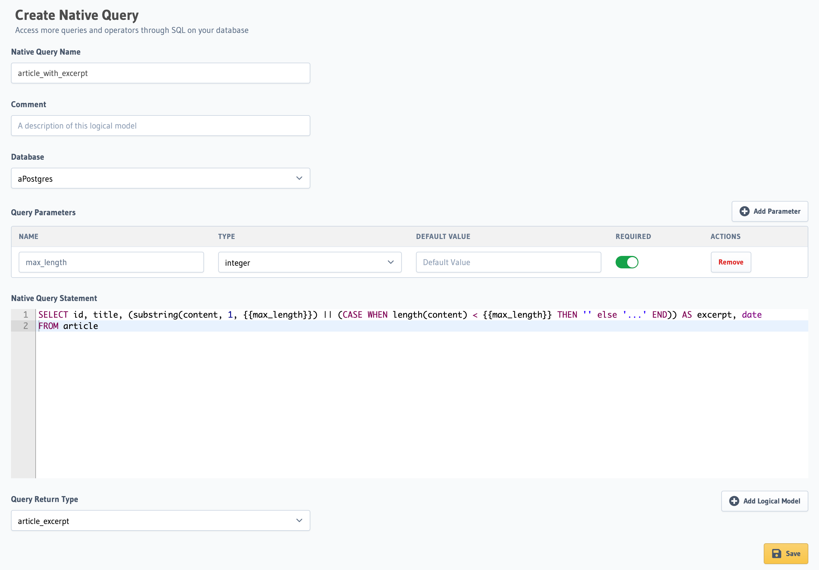 Create Native Query Form