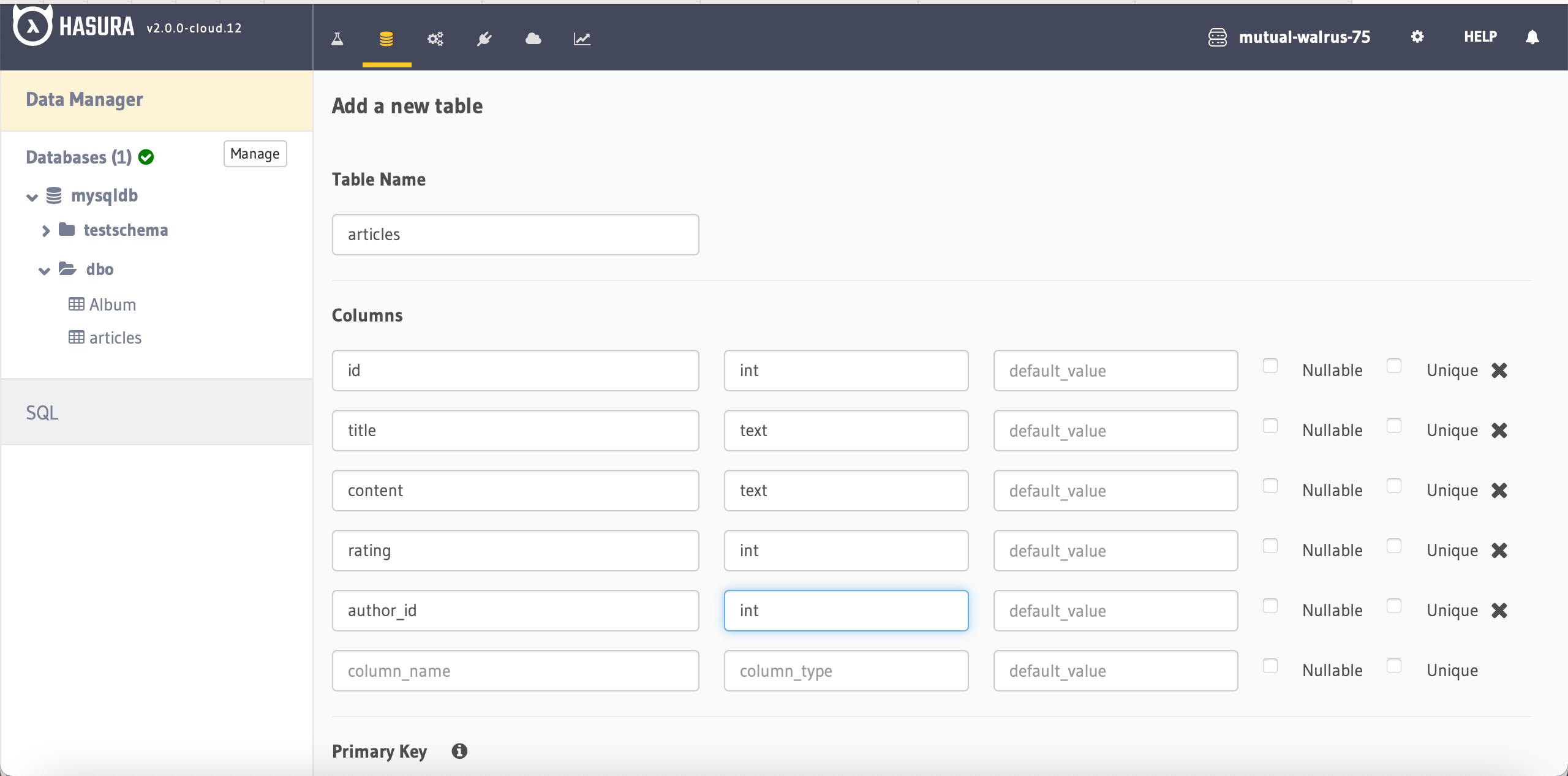 Schema for an article table