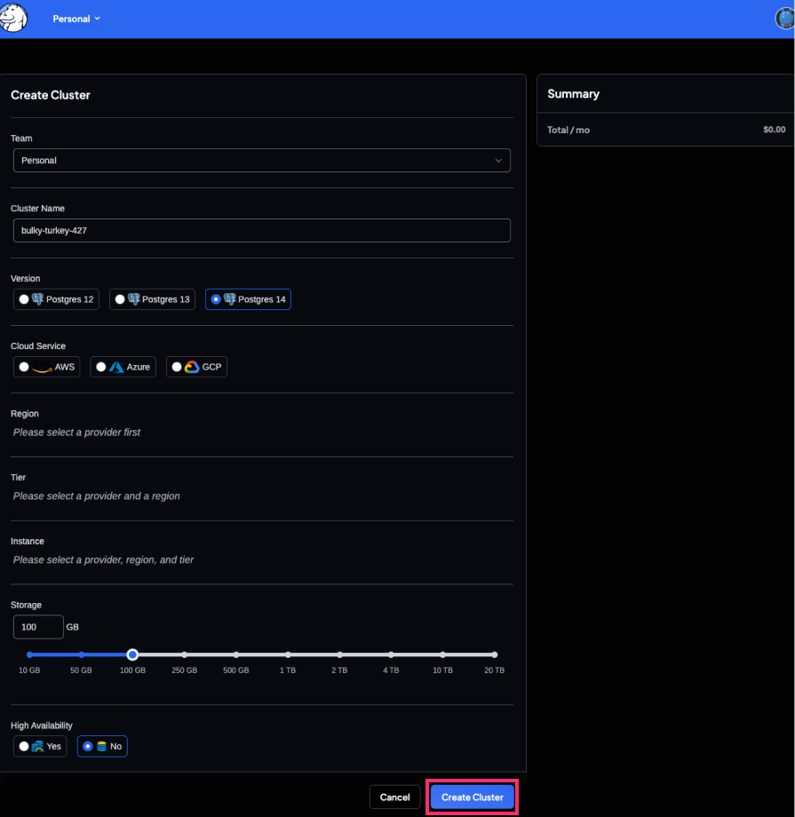 Create a new cluster with Crunchy