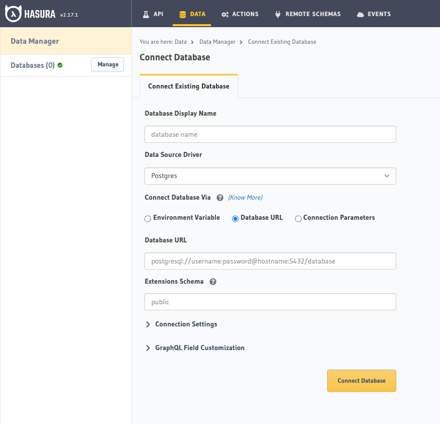 database setup with new database