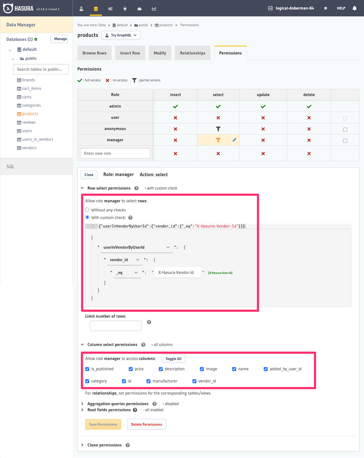 Different table ownership permissions