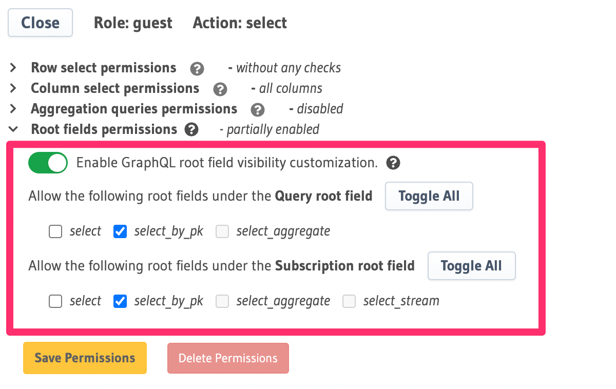 Disable select root fields in Hasura Console