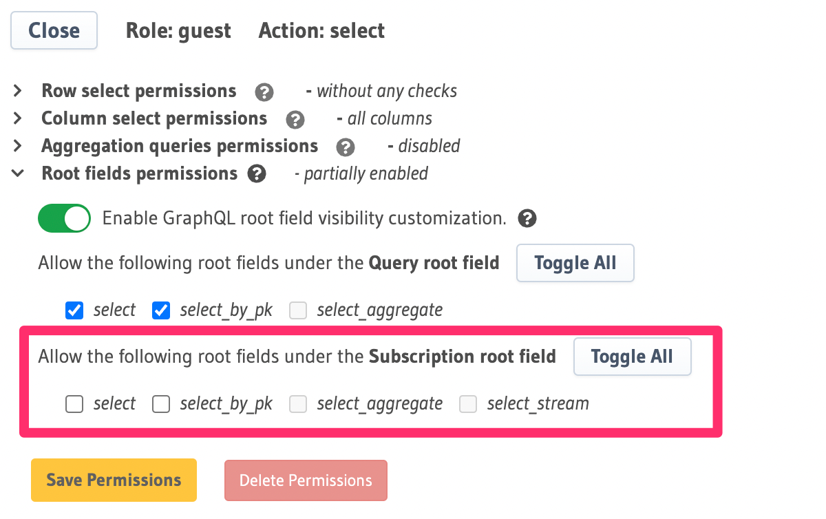 Disable subscription root fields in Hasura Console