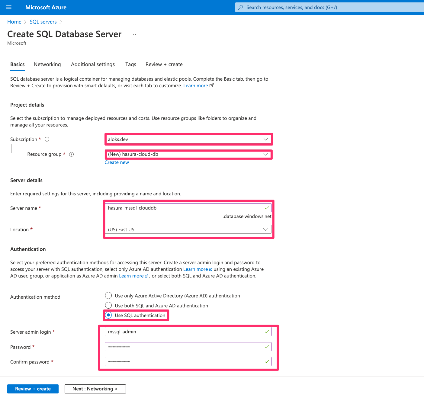 Fill all required fields to create database