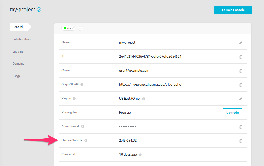 Hasura Cloud IP field