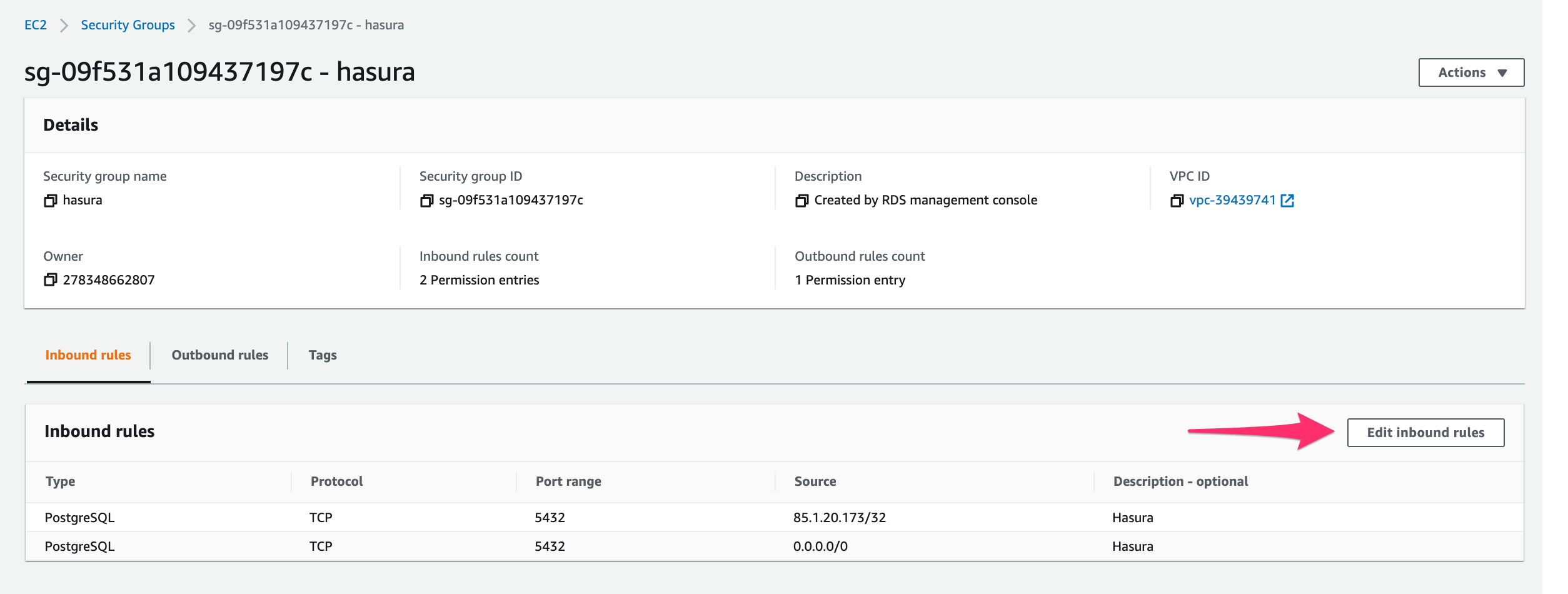 Edit inbound rules for AWS RDS database