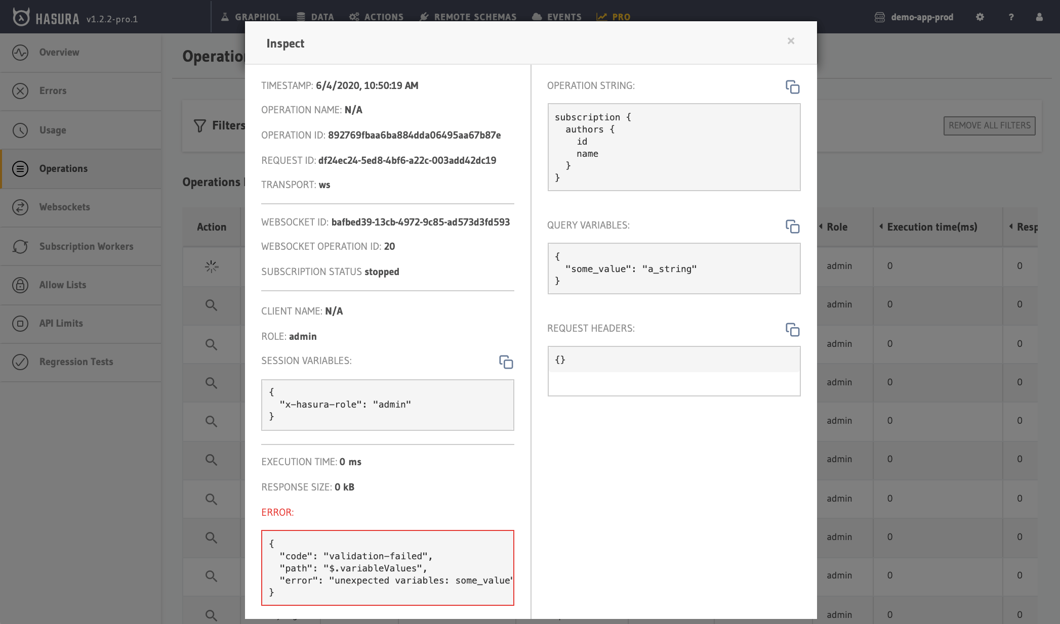 Hasura Cloud Console inspect a failed operation