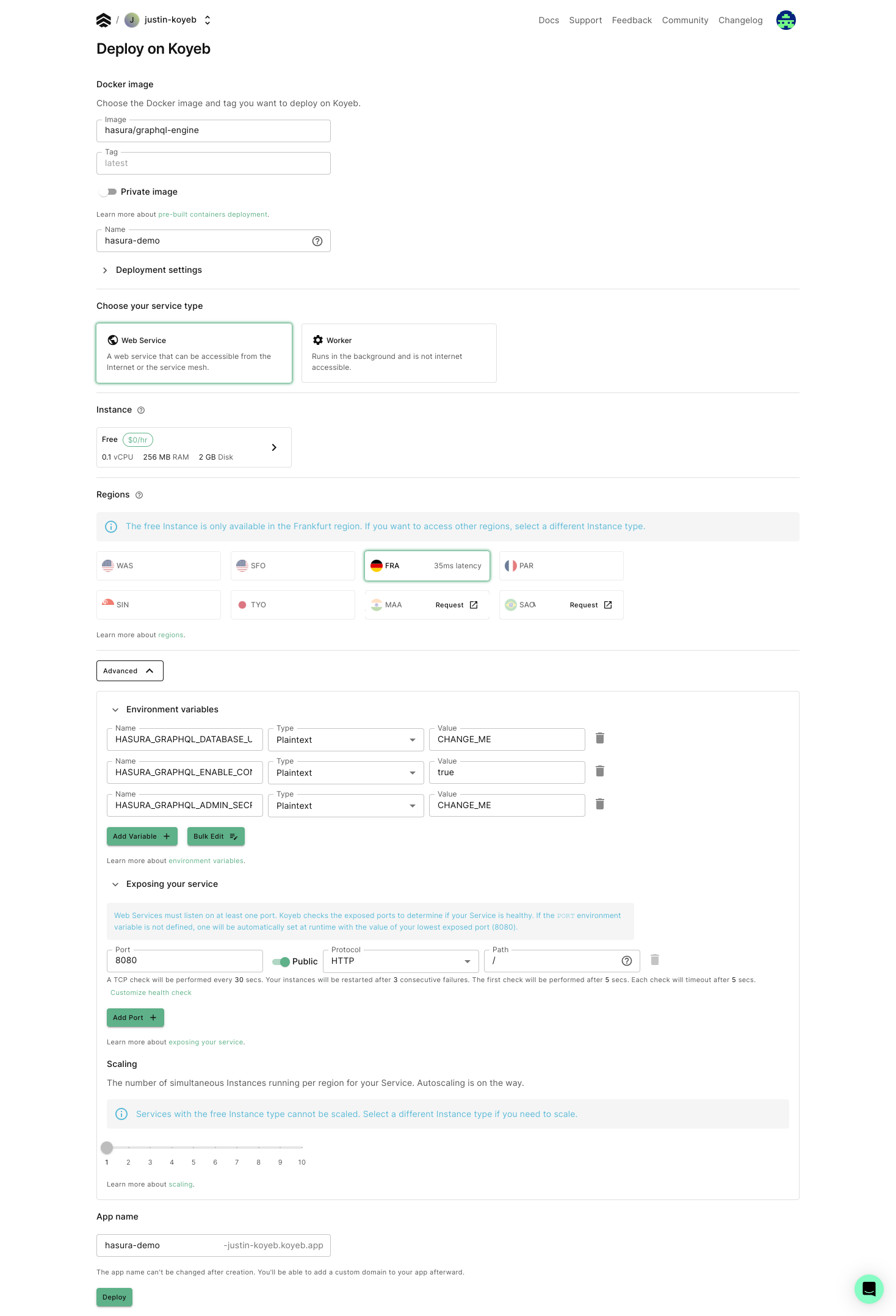 Koyeb App creation form