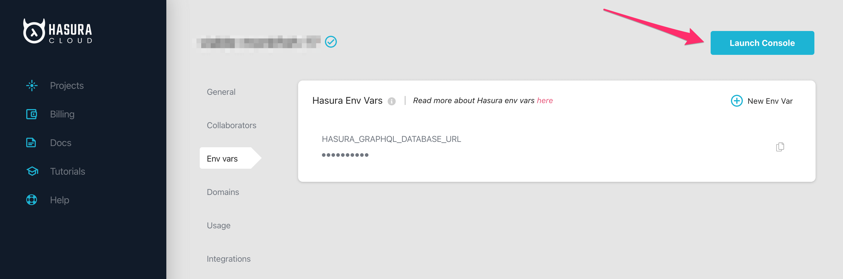 Hasura Cloud project dashboard with Launch Console button