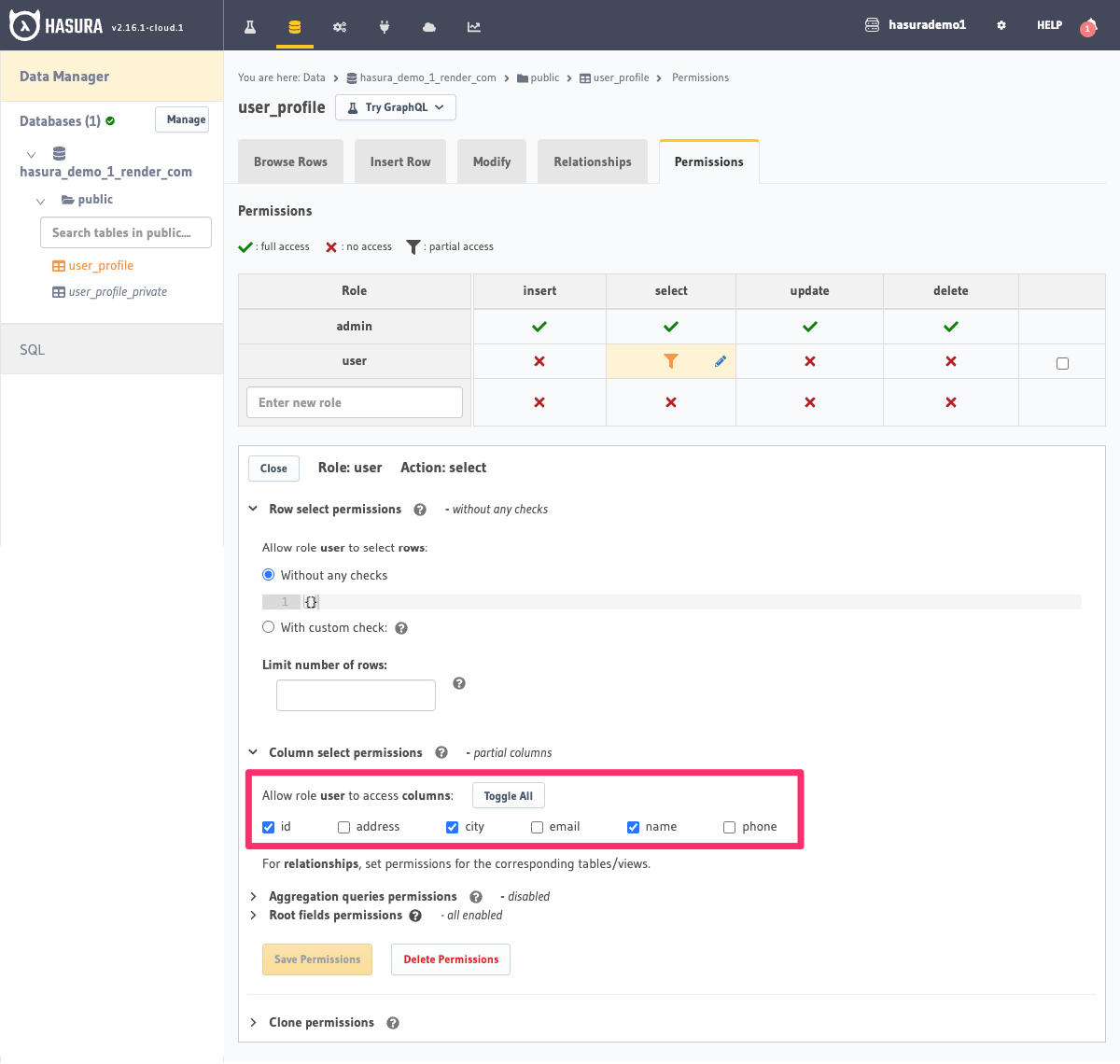 Column access for the role user