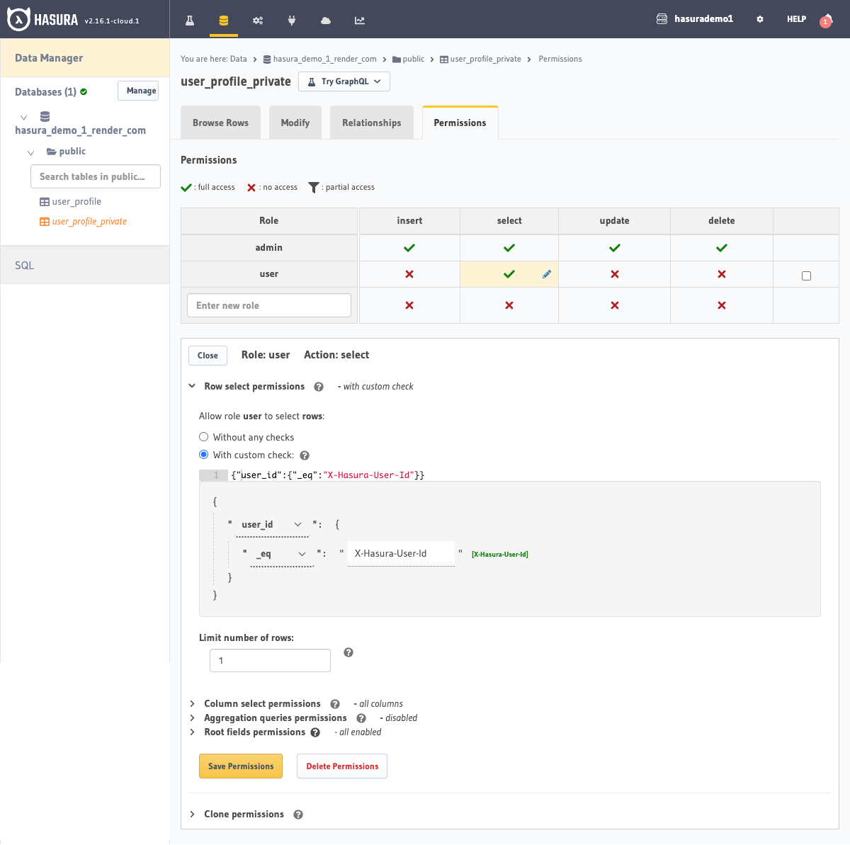 Column access for the role user based on row level permissions