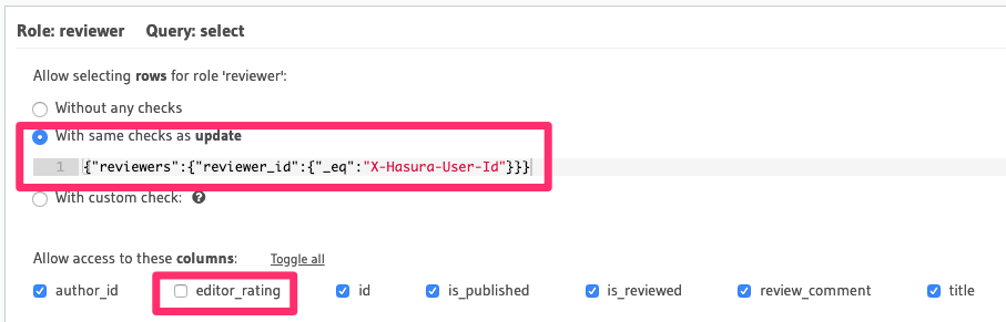 Column access for the role reviewer