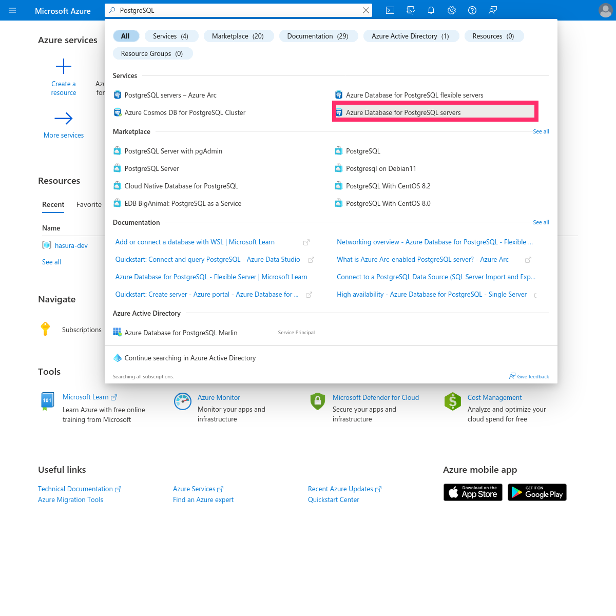 Navigate to 'Azure Database for PostgreSQL servers'